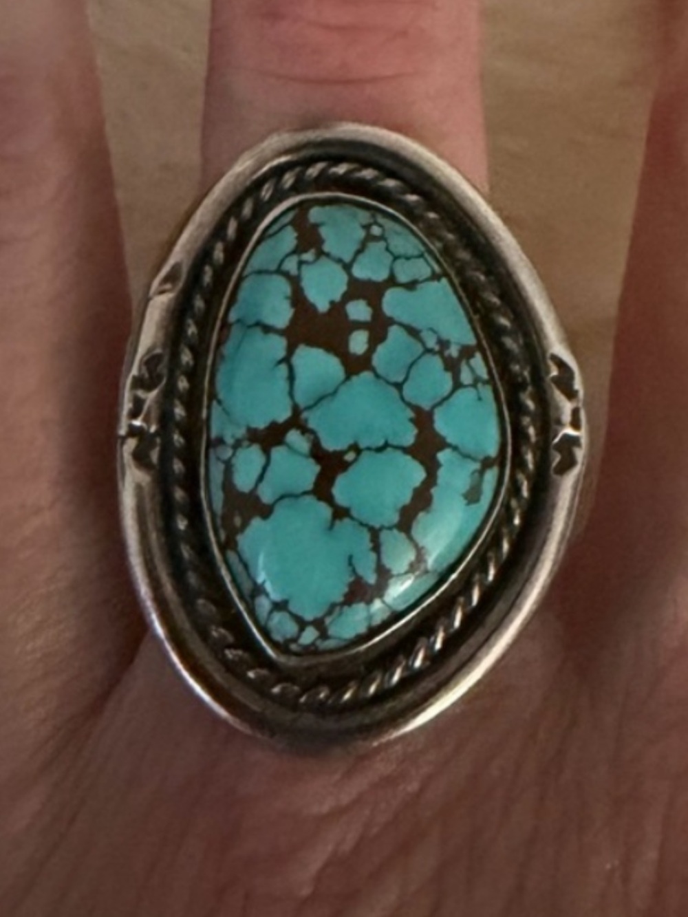 Vintage Navajo Spiderweb Turquoise & Sterling Silver Ring Big Stone 5.75 Signed
